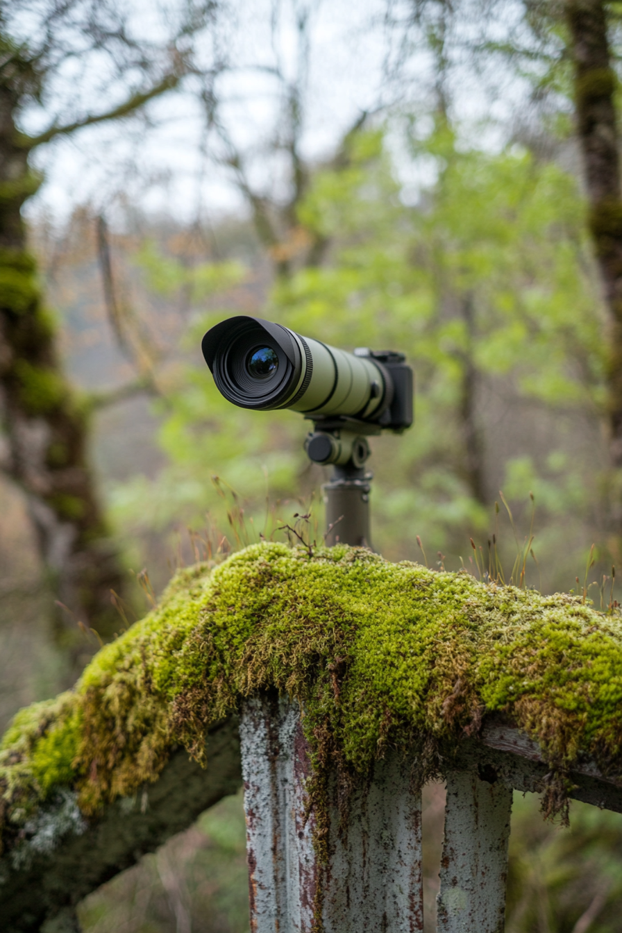 Nature Observation Space. Telescopic camera mounts on a moss-covered viewing deck.