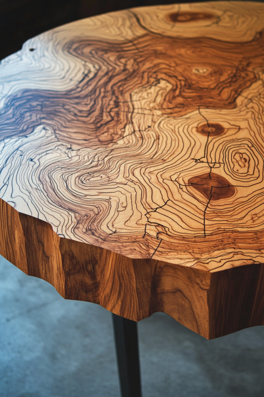 Mountain community space. Round wooden table with topographical map imprinted.