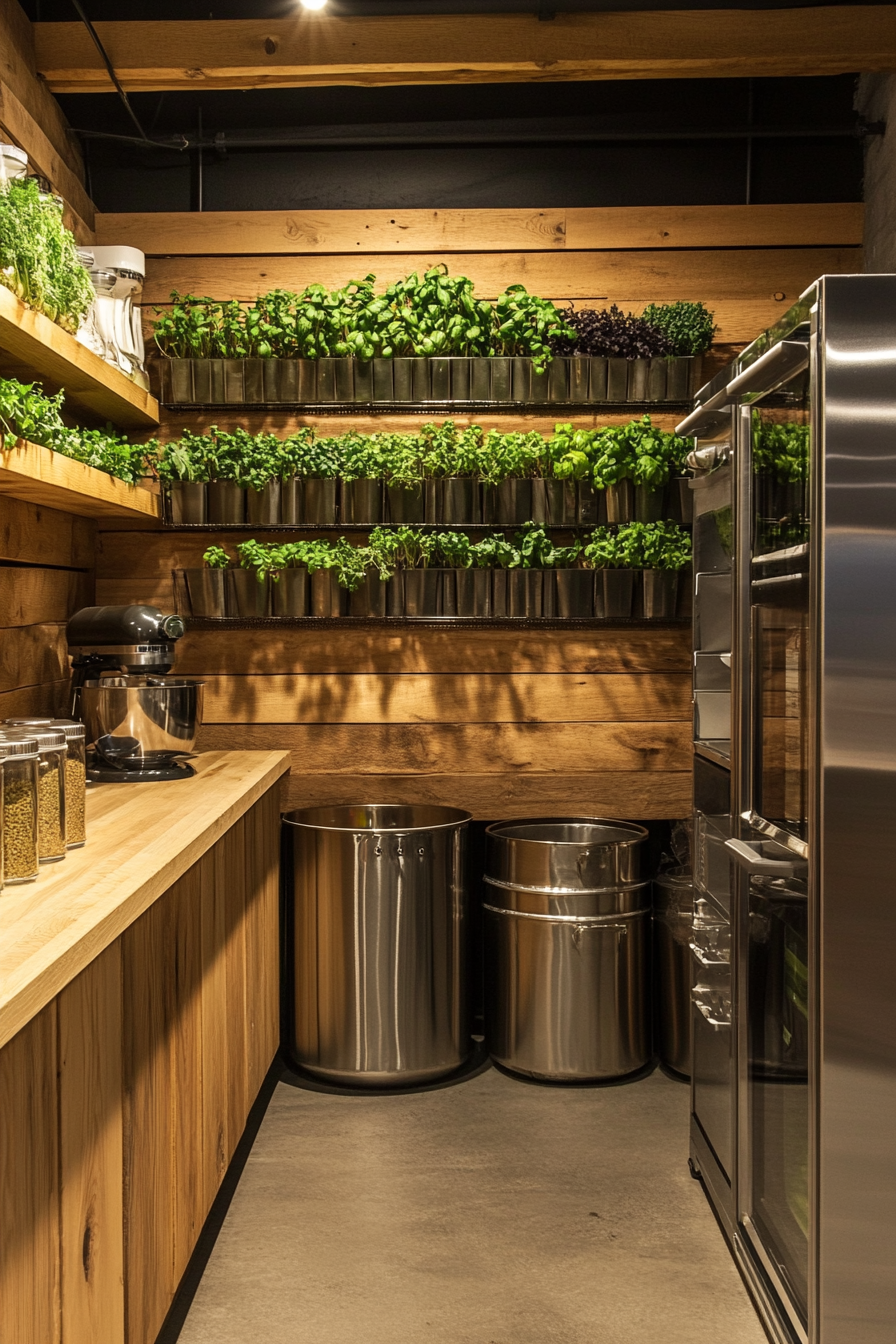 Community Cooking Space. Wooden herb wall, steel compost bin, glass bulk storage.