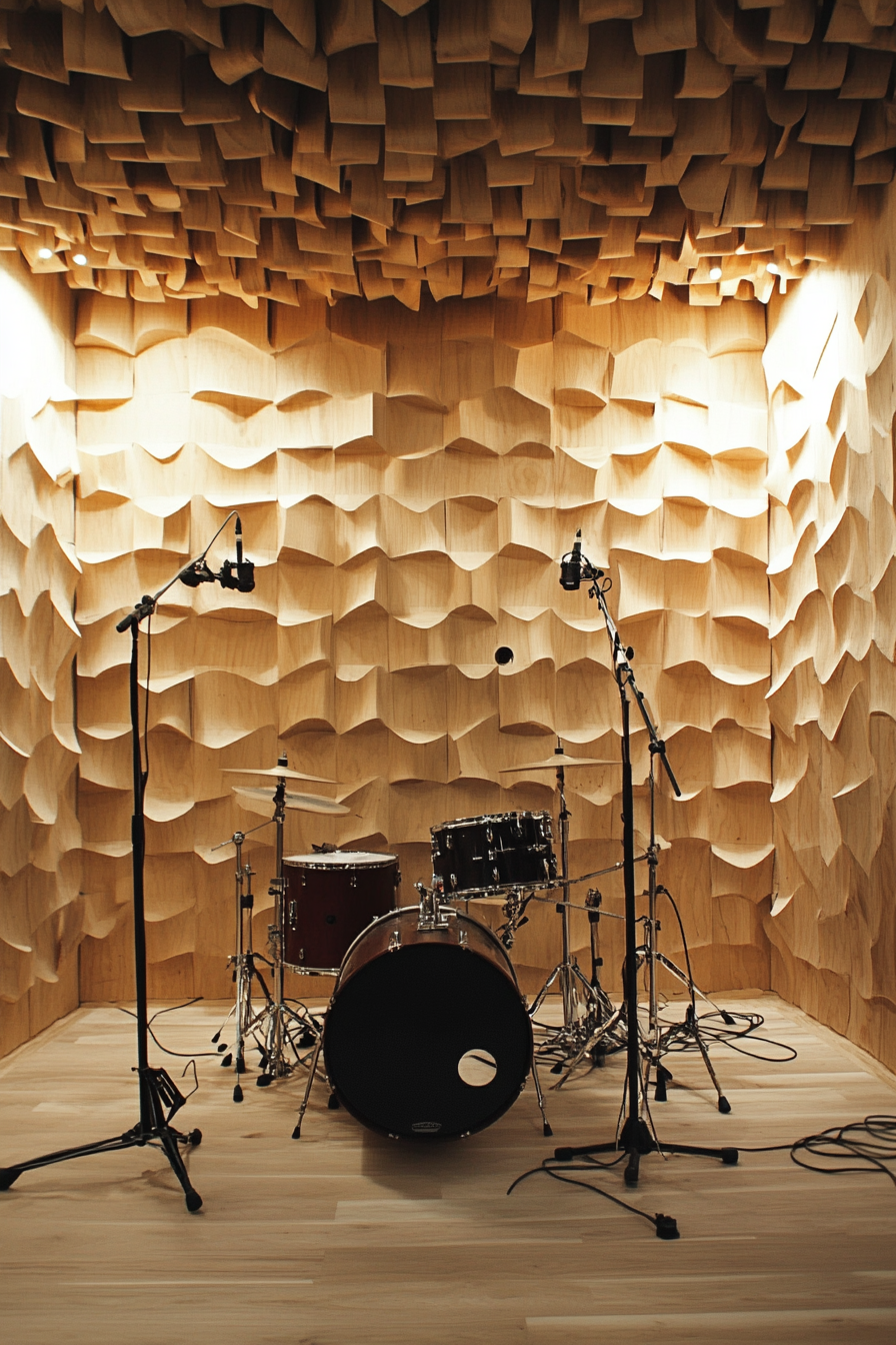 Mobile studio space. Acoustic cushioning on overlooked wood wall.