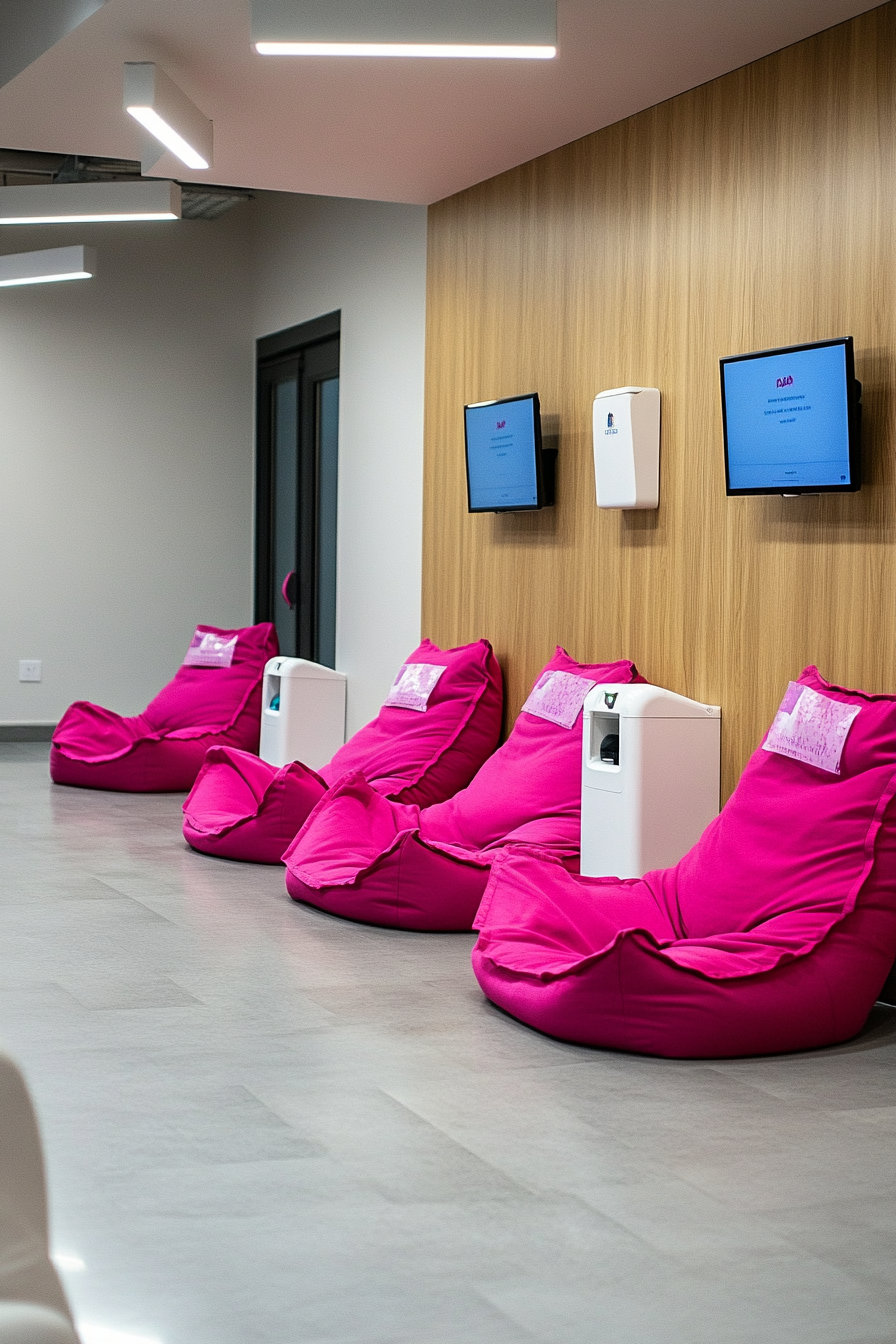 Event support space. Fuchsia beanbags near white charging stations, under oak community board.