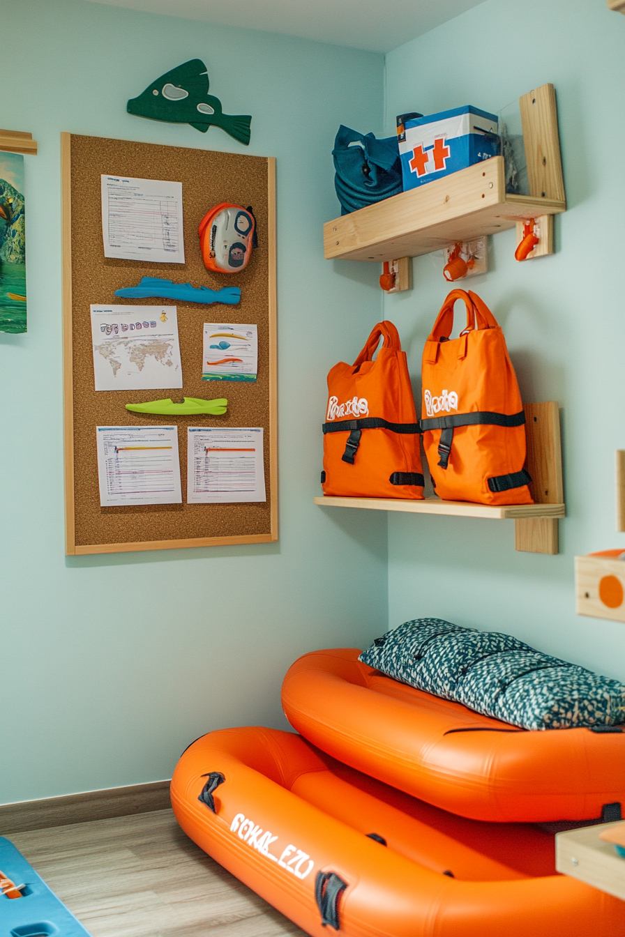 Water adventure space. Raft shelving unit, charts on a corkboard, bright orange first-aid kit.