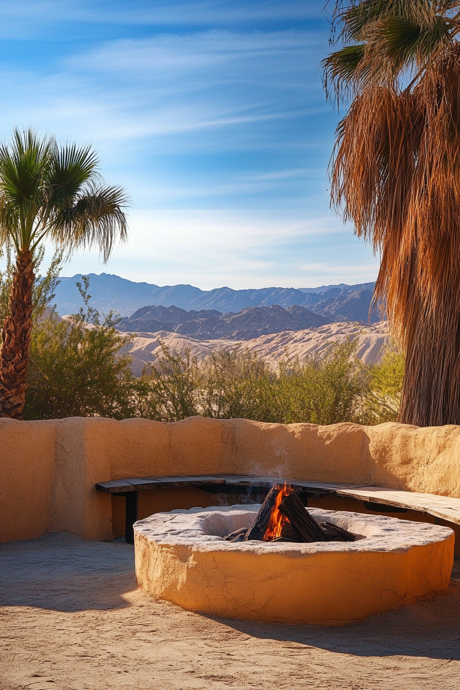 Palm Grove Space. Ochre sand dune vista, traditional fire pit, nearby desert trickle.