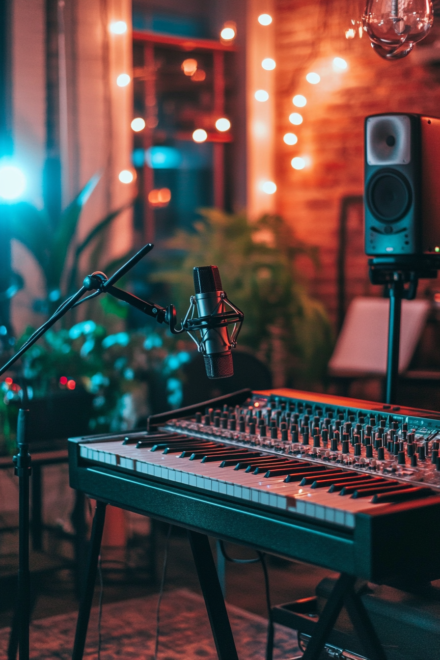 Mobile studio space. Acoustic panels, condenser microphone, mixing console setup.