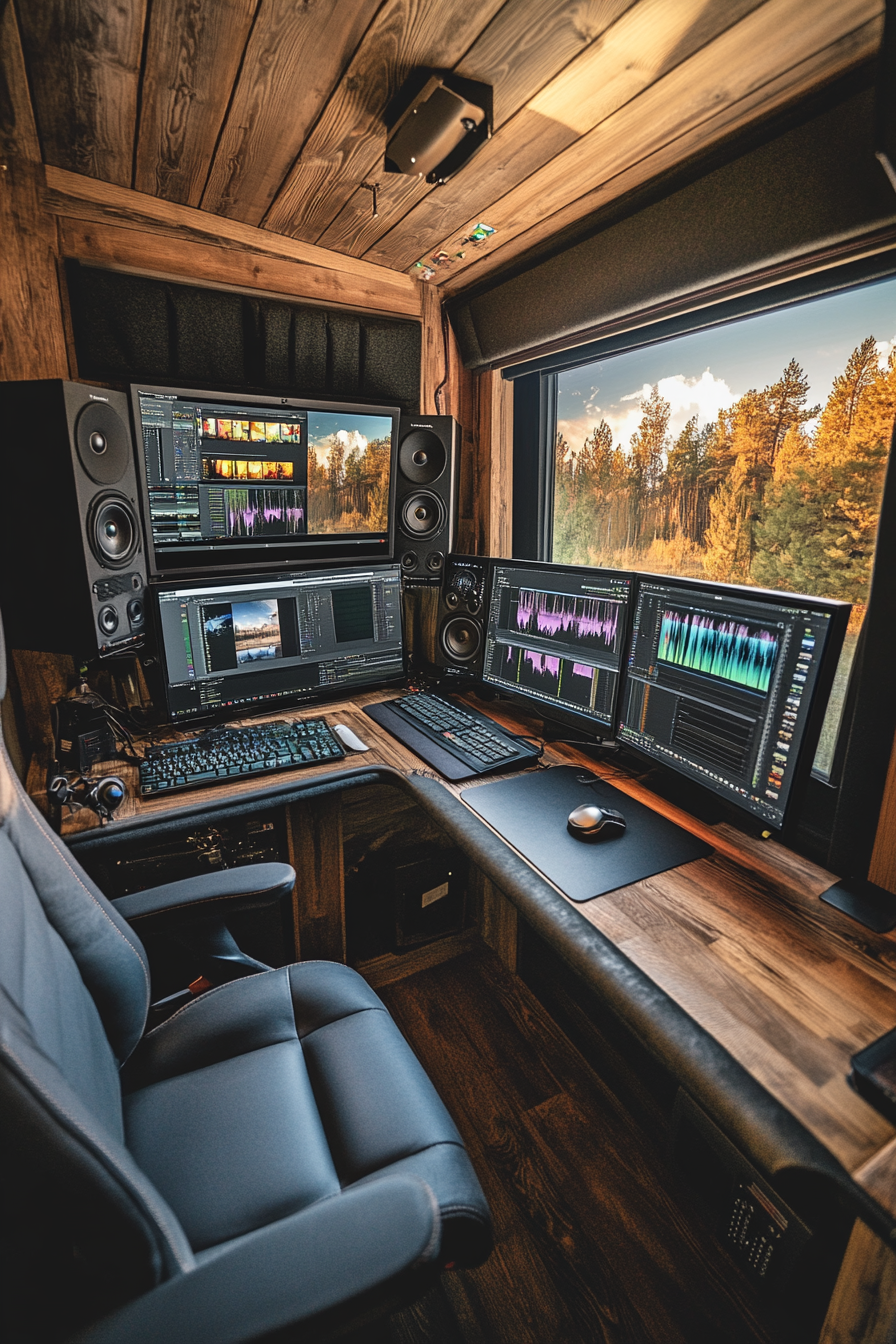 Creative mobile space. Desk with dual monitors and editing software.