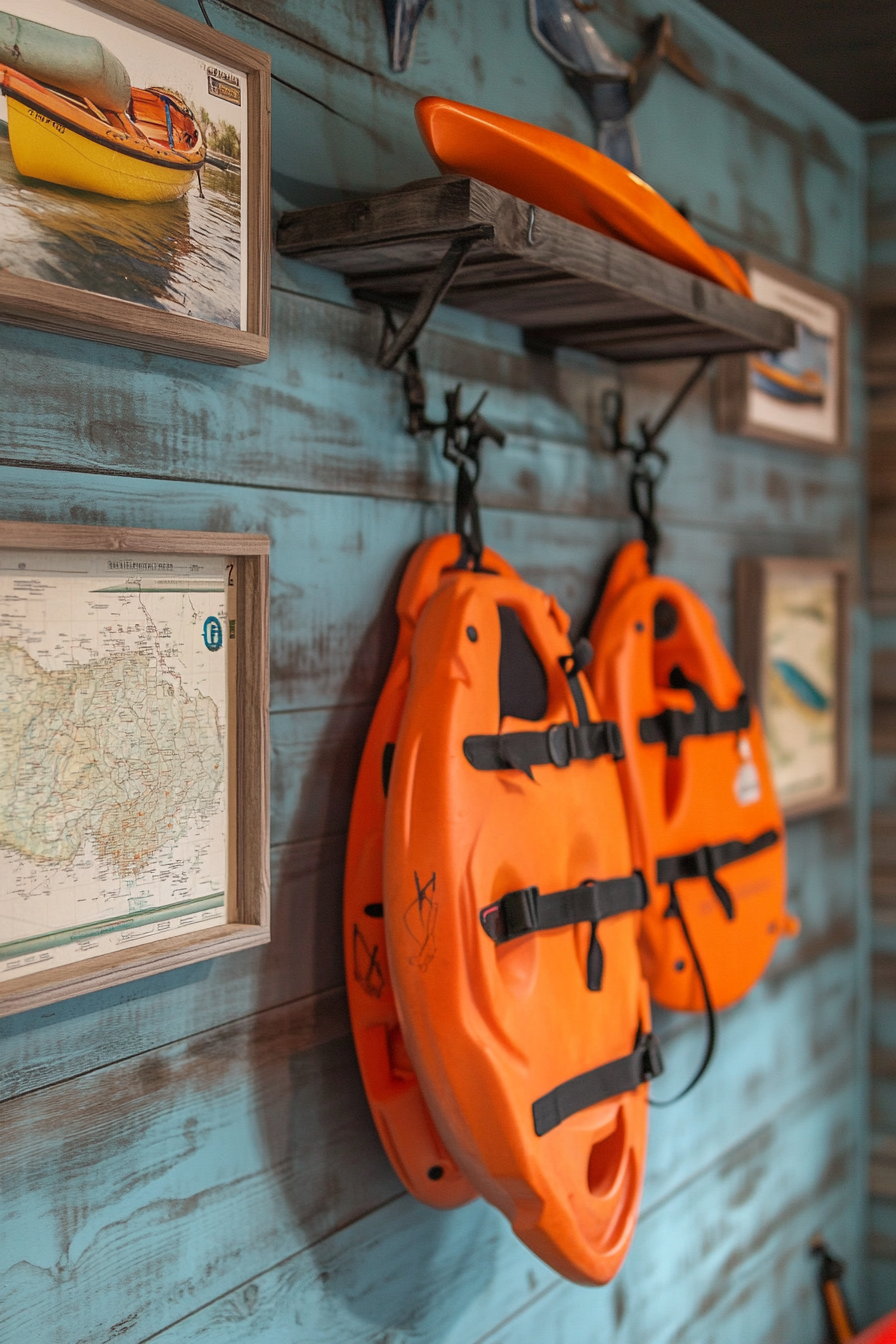 Water adventure space. Kayak hanging rack, navigational charts, and anchored life vest station.