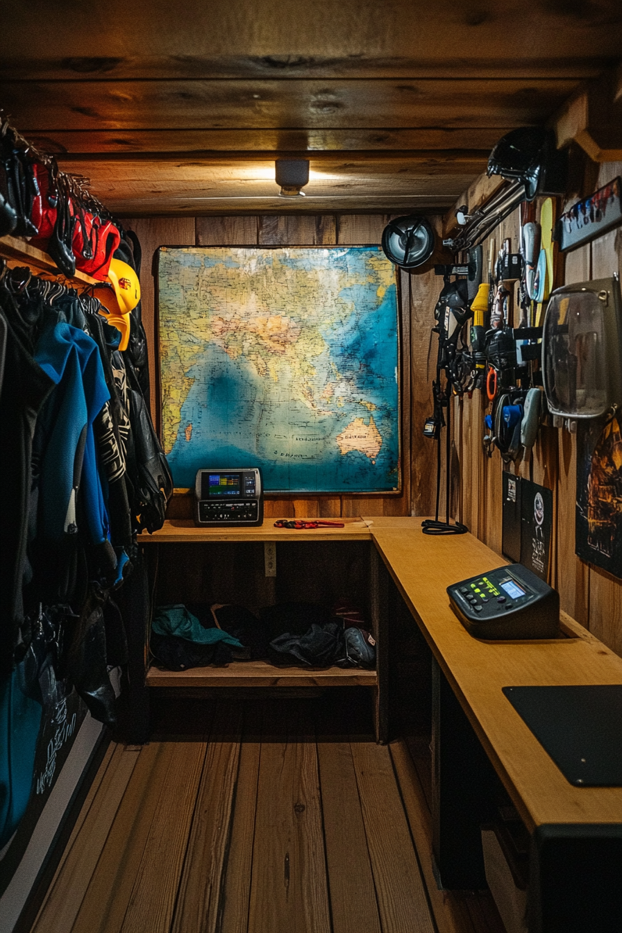 Water adventure space. Wetsuit rack, nautical map table, emergency radio station.