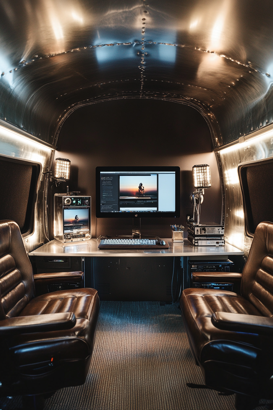 Mobile Production Space. Dual monitors setup, metallic finish rendering station, and leather seated client lounge.