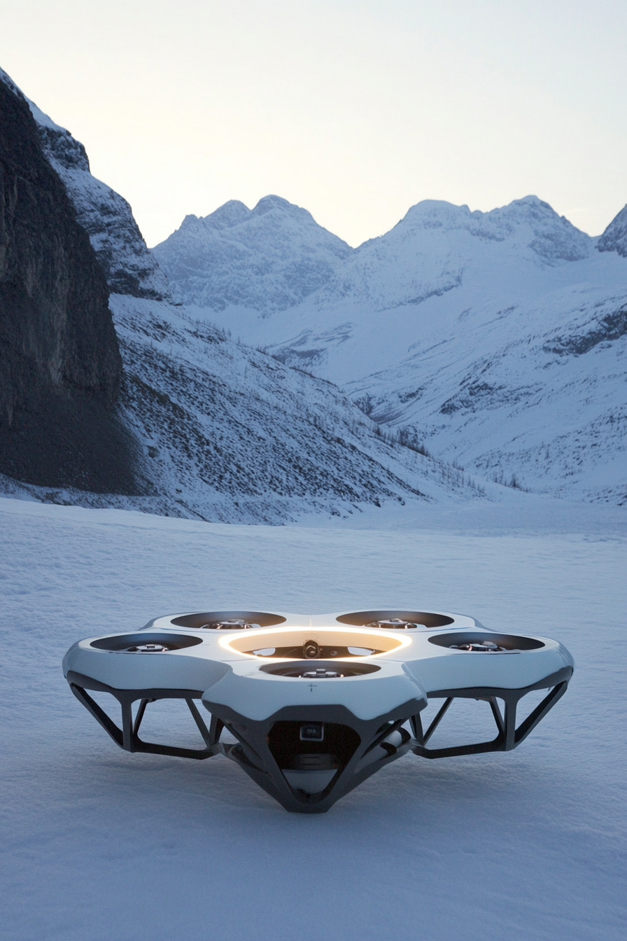 Alpine mobile space. Quantum satellite pad integrated with corresponding drones.