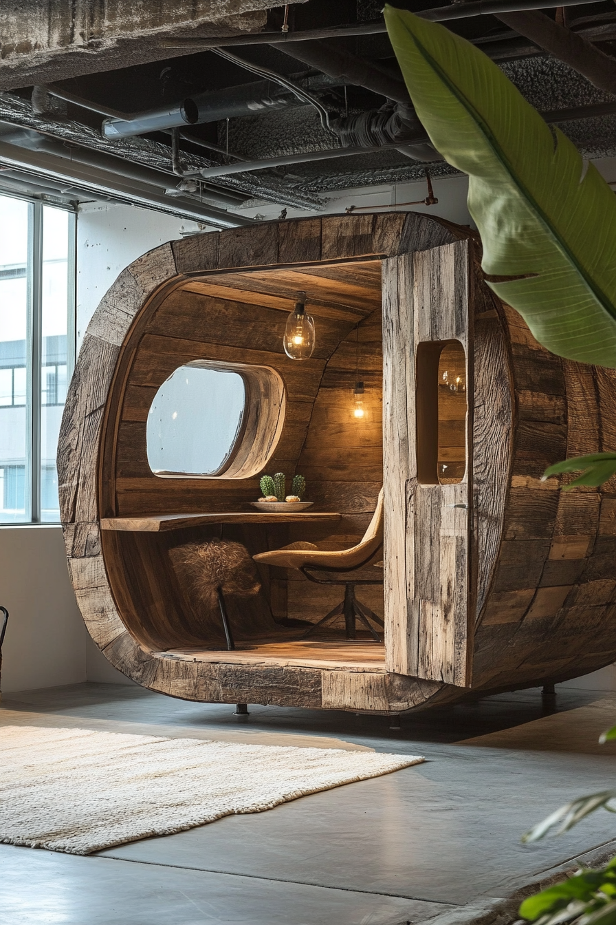 Community space. Studio pod with rough wood interior and contemporary design elements.