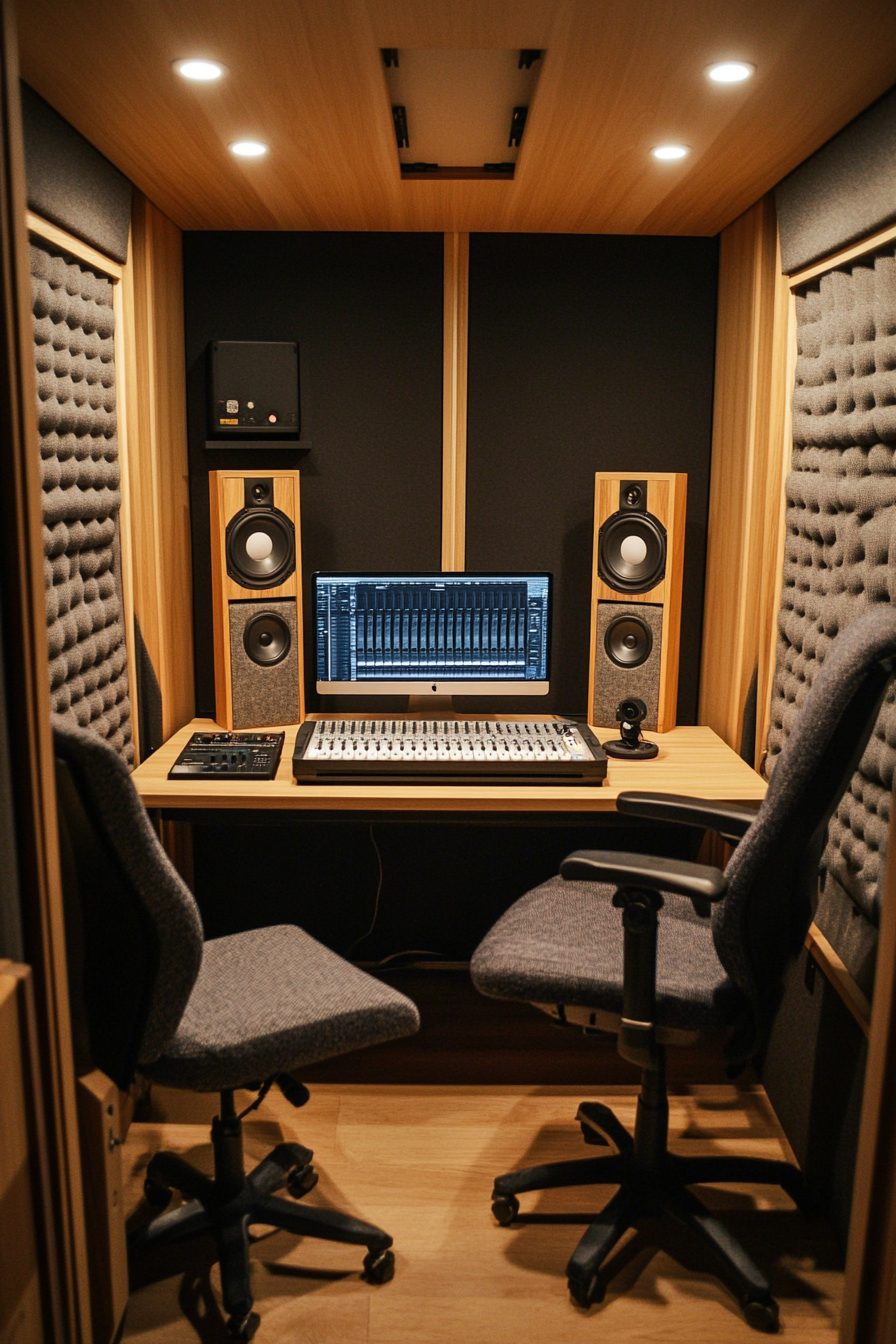 Mobile studio space. Acoustic-treated walls, soundproof booth, mix station with traditional recording equipment.