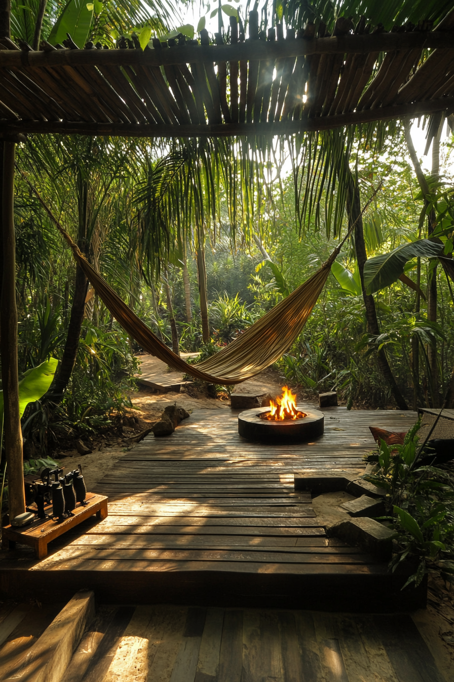 Jungle clearing space. Hammocks amidst bamboo platform with binoculars and fire pit.