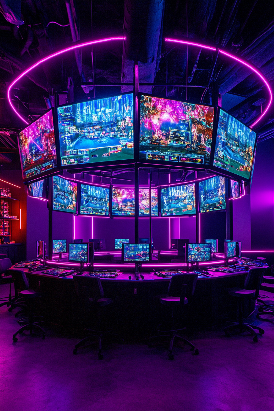 Social gaming space. Circular room, multi-screen tournament setup, neon lighting.