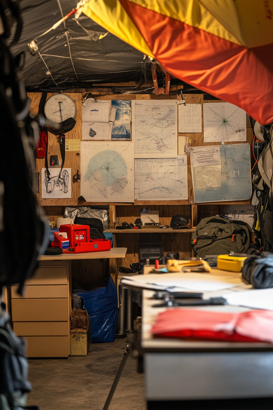 Adventure Launch Space. Safety briefing near chart-packed weather station with bright red kite repair kit.