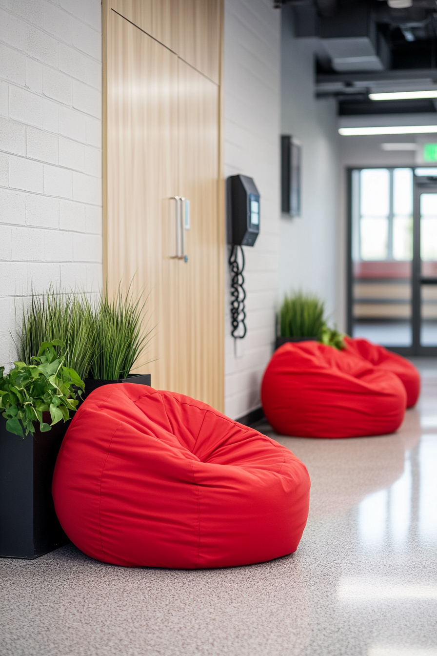 Event support space. Round red bean bags beside a black charging station.