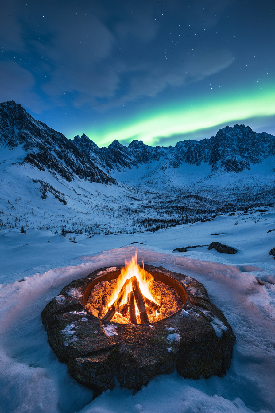 High Alpine site. Wind-protected fire pit flanked by snow-capped peaks under Aurora-lit sky.