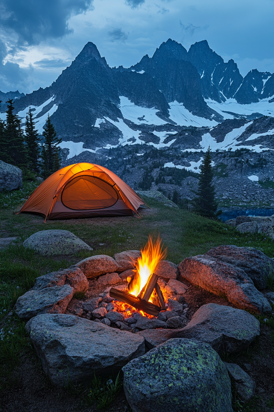 High Alpine Site. Oriented fire pit near boulder, illuminated aurora viewing tent facing north, snow-capped peaks.