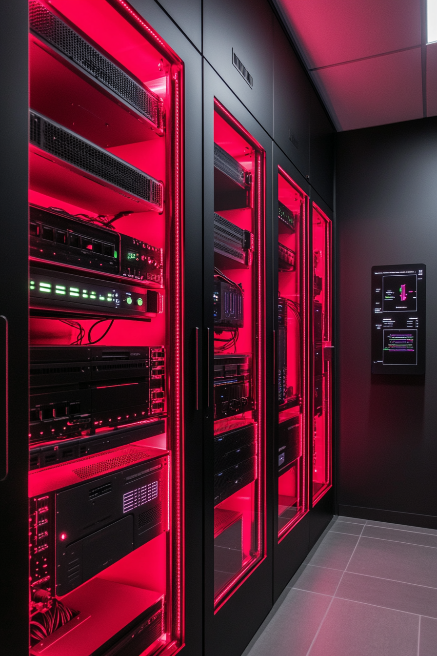 Technical Support Space. data center with wall-embedded tool kit and touchscreen controls.