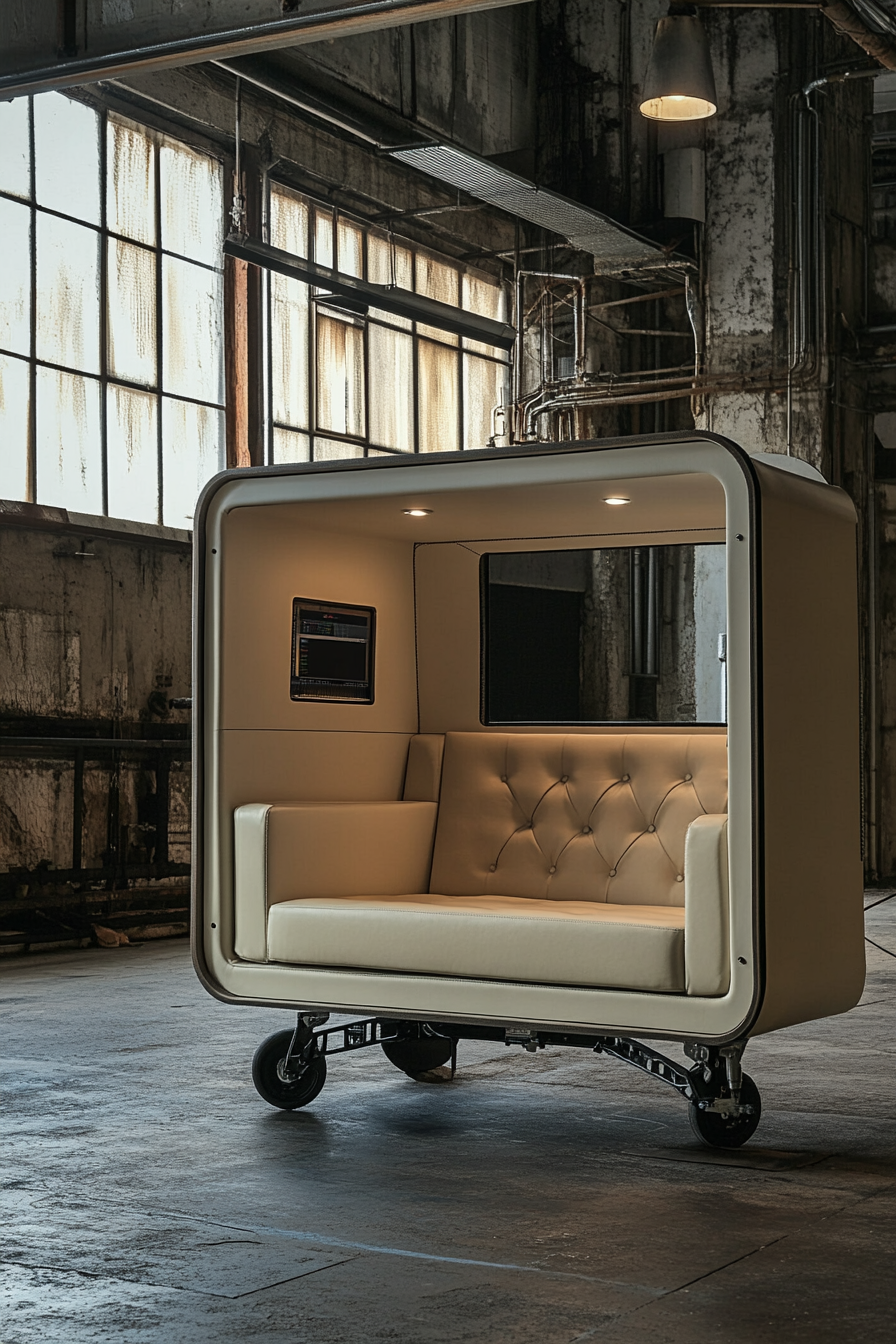 Creative mobile space. Industrial style editing bay with a portable cream-colored, leather modern sofa.