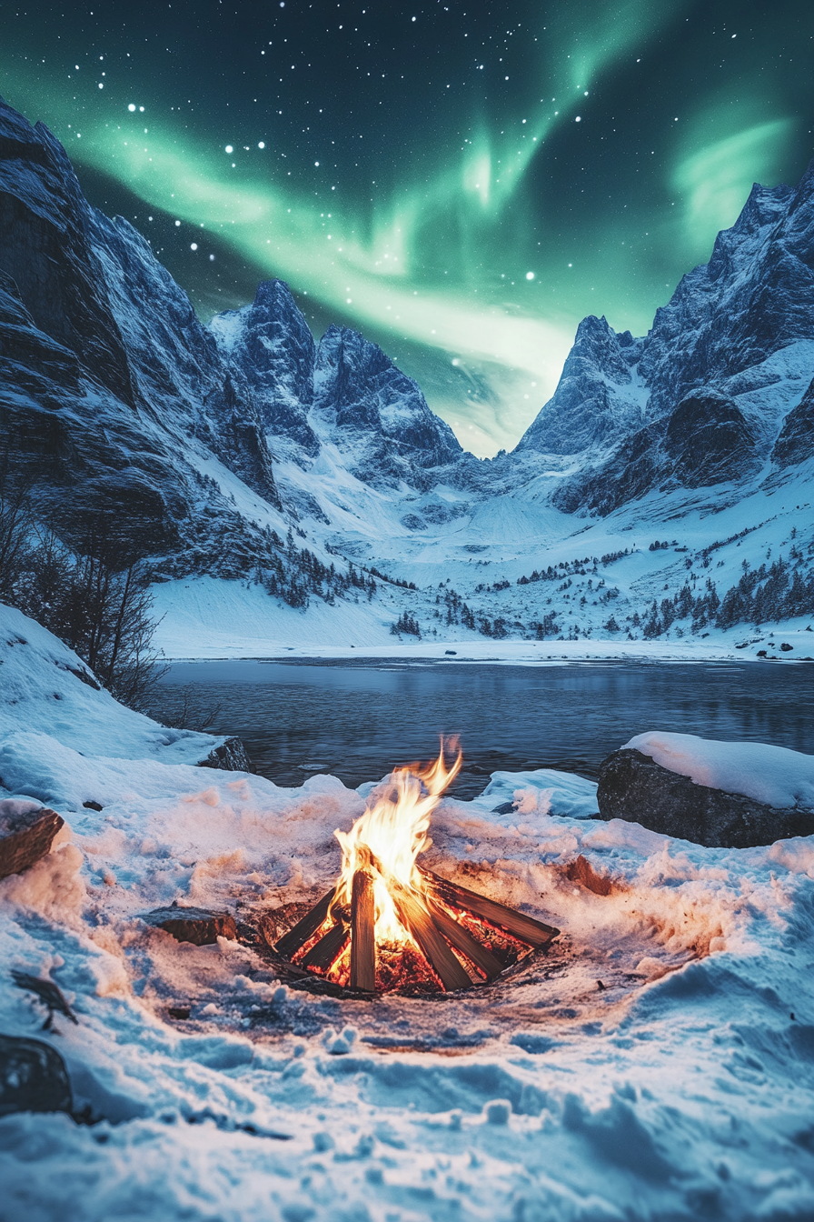 High Alpine site. Fire pit nestled in snow, green aurora backdrop, vivid white peak view.