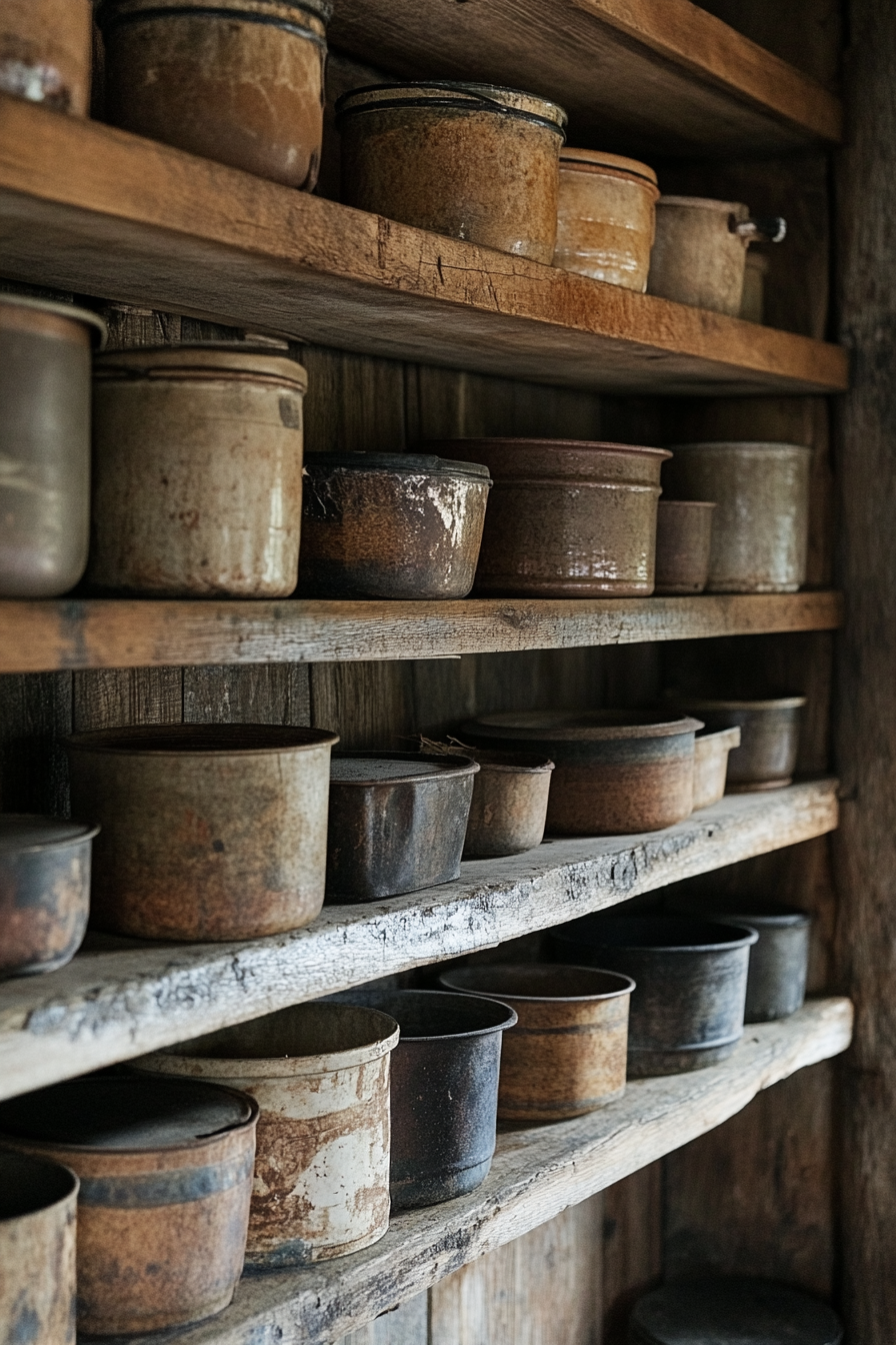 Community cooking space. Vintage storage containers arranged on rustic wooden shelves.