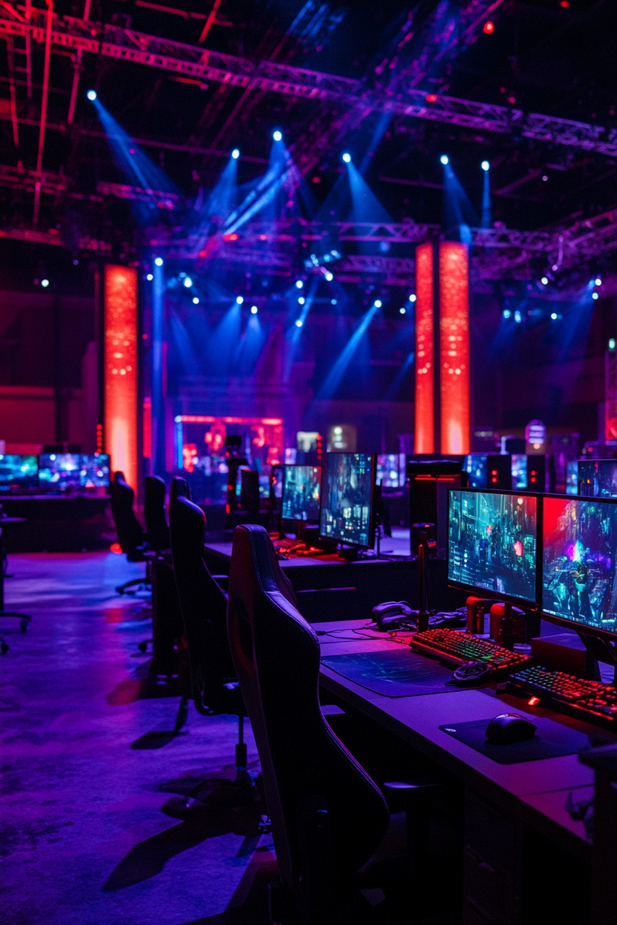 Social Gaming Space. Dark-themed tournament setup with vibrant RGB lighting.