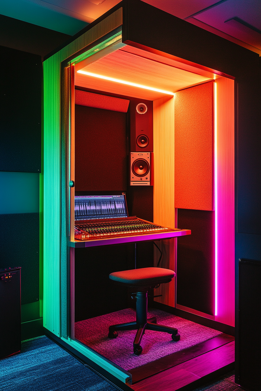 Mobile Recording Space. Soundproof booth with neon-accented interiors.