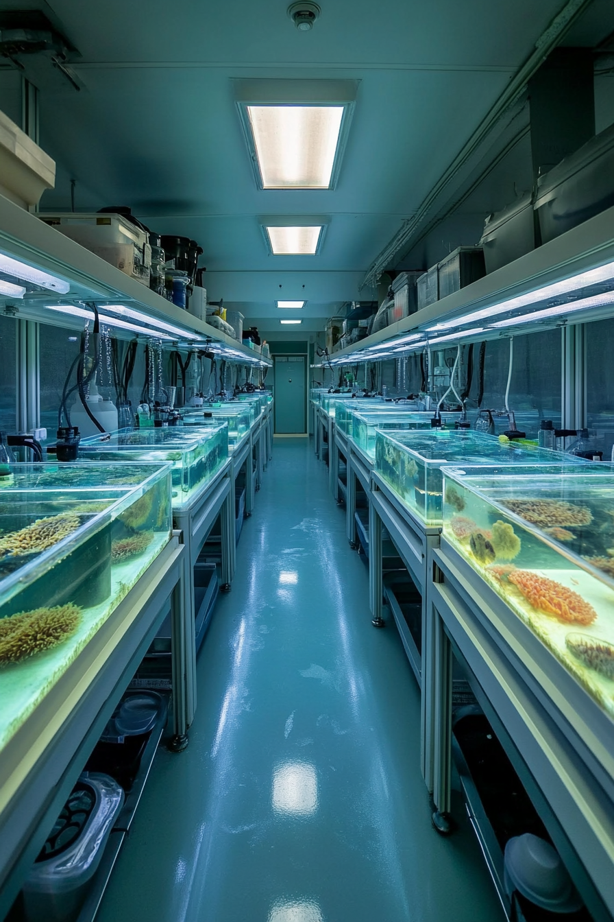 Coastal Research Space. Wet lab with rows of clear aquariums and petri dishes.