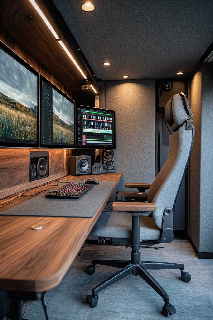 Creative mobile space. Grey panelled walls with walnut editing bay and footage monitors.