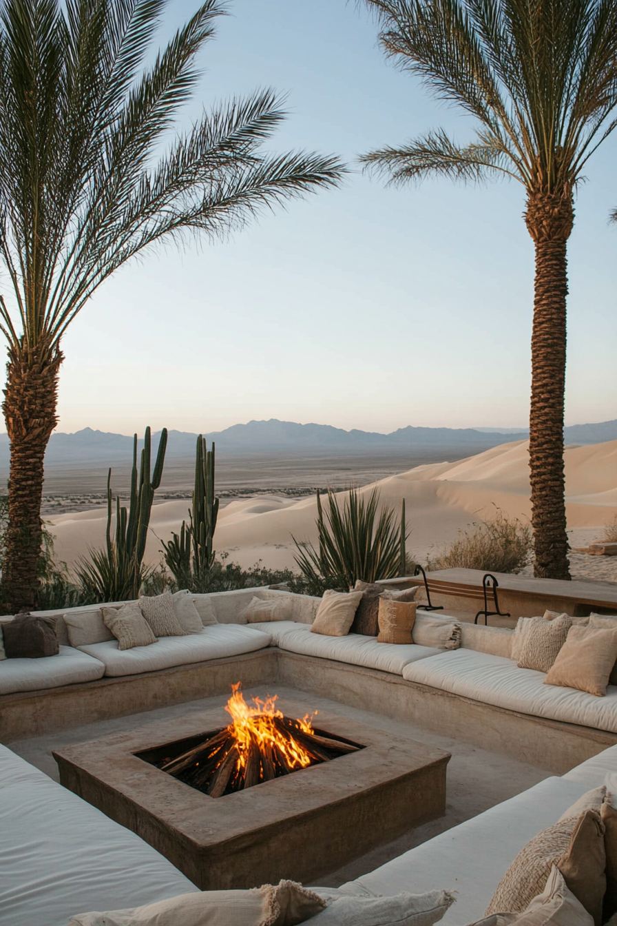 Palm Grove Space. Fire pit and desert springs against a backdrop of dune views.