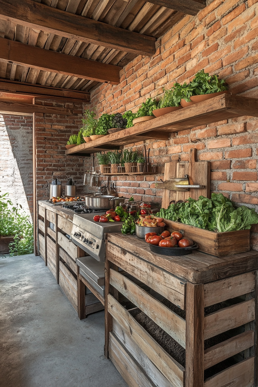 Community cooking space. Rustic wooden bulk storage with adjacent brick composting system.