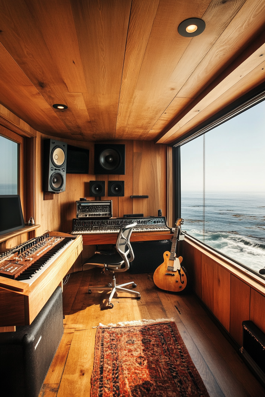 Mobile studio space. Wood-panelled recording booth with acoustic guitar storage, ocean view.