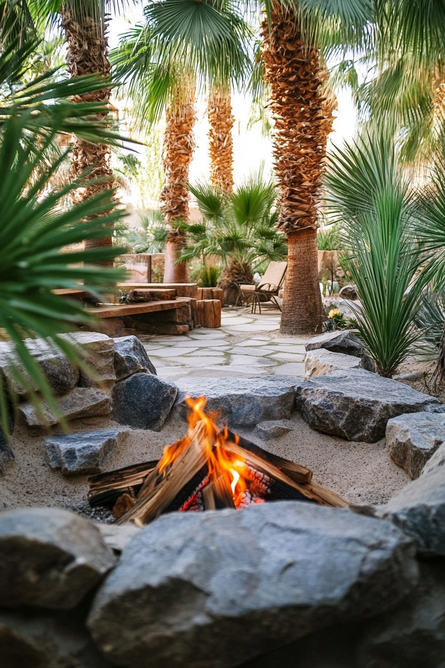 Palm Grove Space. Traditional fire pit made with desert rocks near abundant, flora-lined springs.