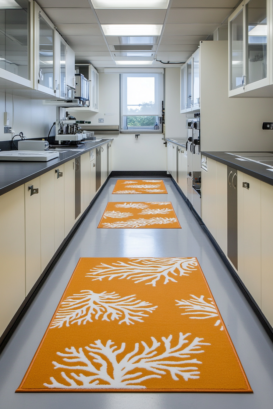 Coastal Research Space. Seaweed-patterned rugs in sunshine-yellow chem testing area.