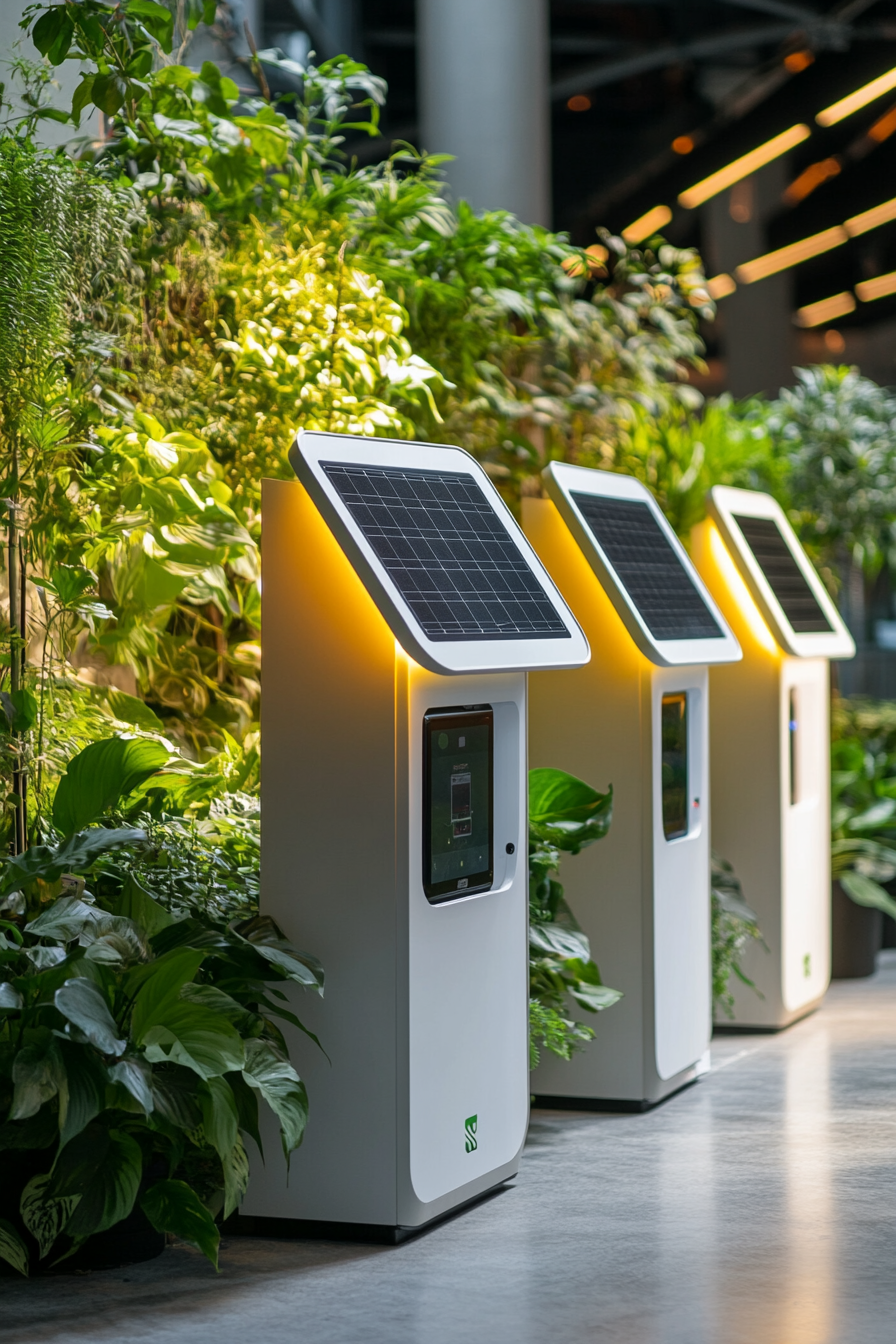 Event support space. Solar-powered charging station amidst green indoor plants.