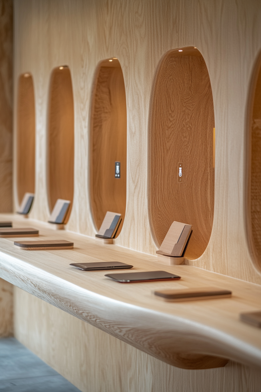 Event support space. Lounge area featuring a wooden communal board and wireless charging stations.