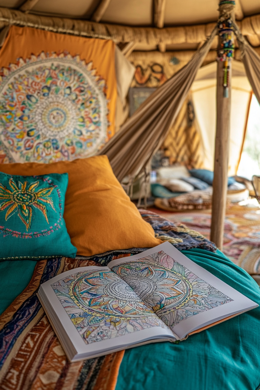 Wellness escape space. Skylit yurt with hammock and mandala coloring book.