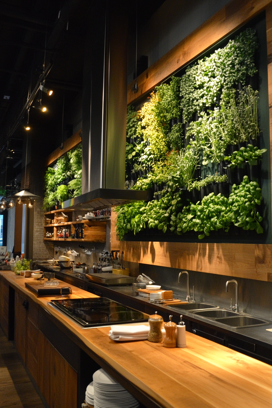 Community cooking space. Long wooden counter with deep green herb wall panels.