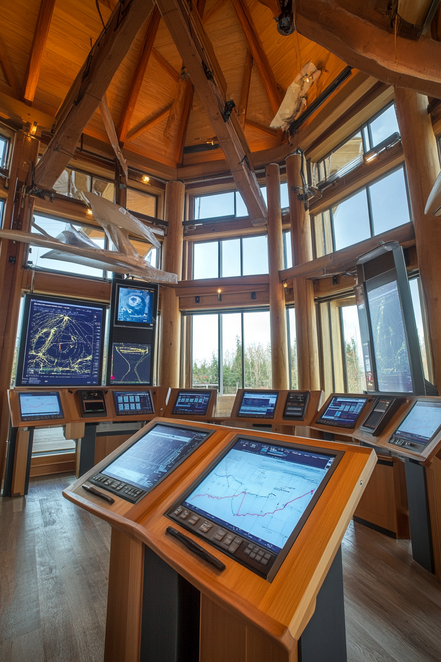 Coastal Analysis Space. Weather tracking instruments, multi-screen report center, oak viewing deck.