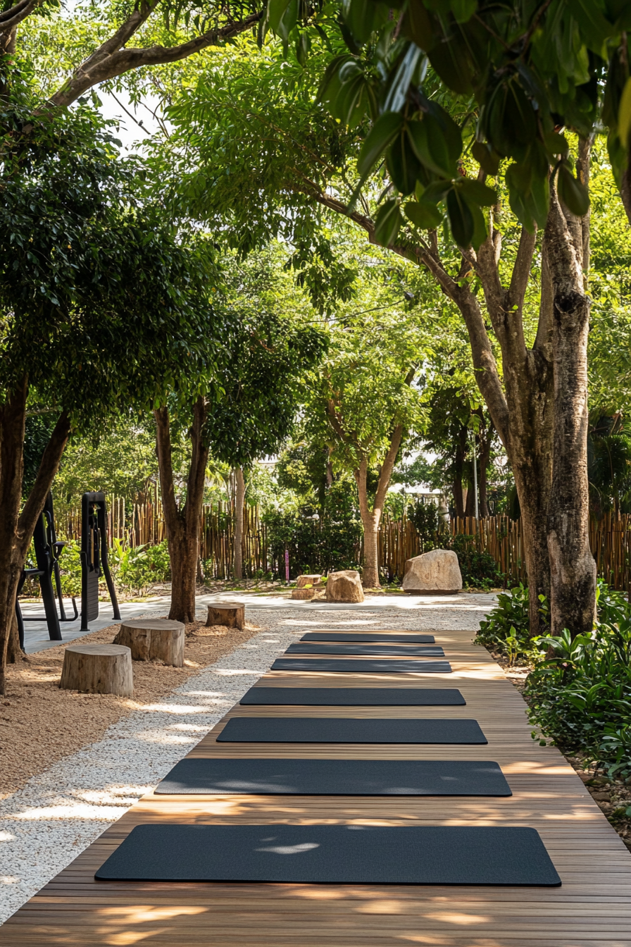 Fitness community space. Yoga mat area near leafy green trees and wooden fitness equipment.