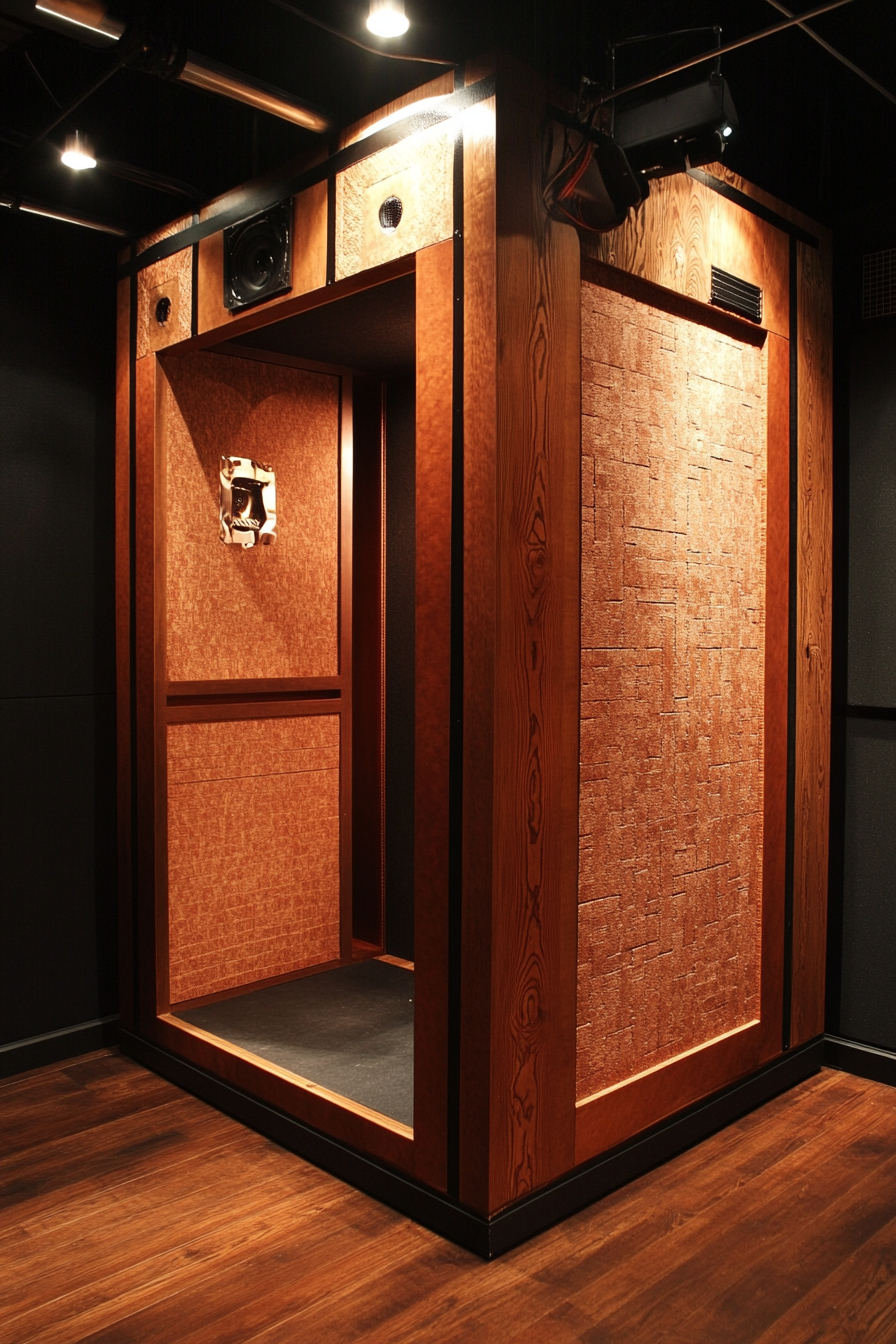 Mobile Studio Space. Faux-brick soundproof walls around cherry wood enclosed booth.