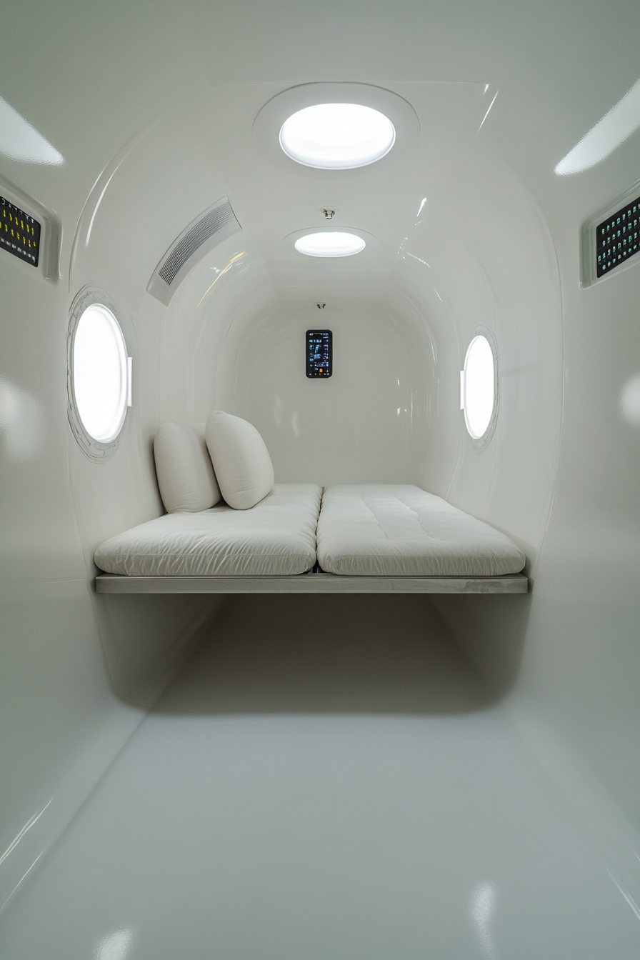 Performance space. White walls, oxygen monitor, bright lights, plush recovery zone, metal altitude chamber.