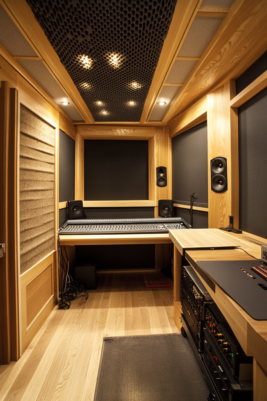 Mobile studio space. Ceiling-high diffusion panels and carpeted recording booth.