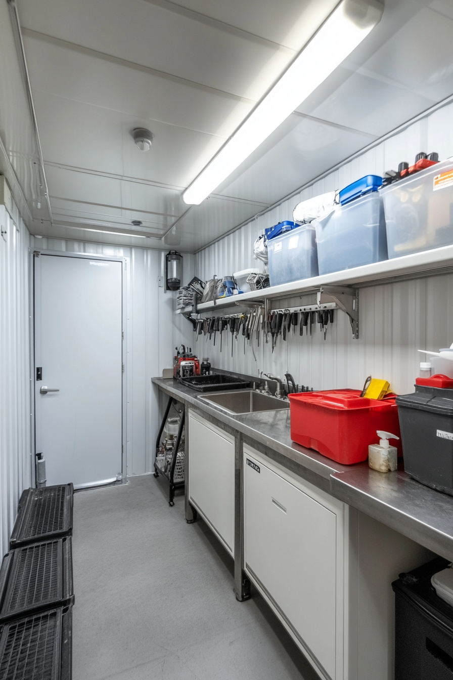 Technical support space. White-tool-walled room with a steel wash station and organized parts inventory.