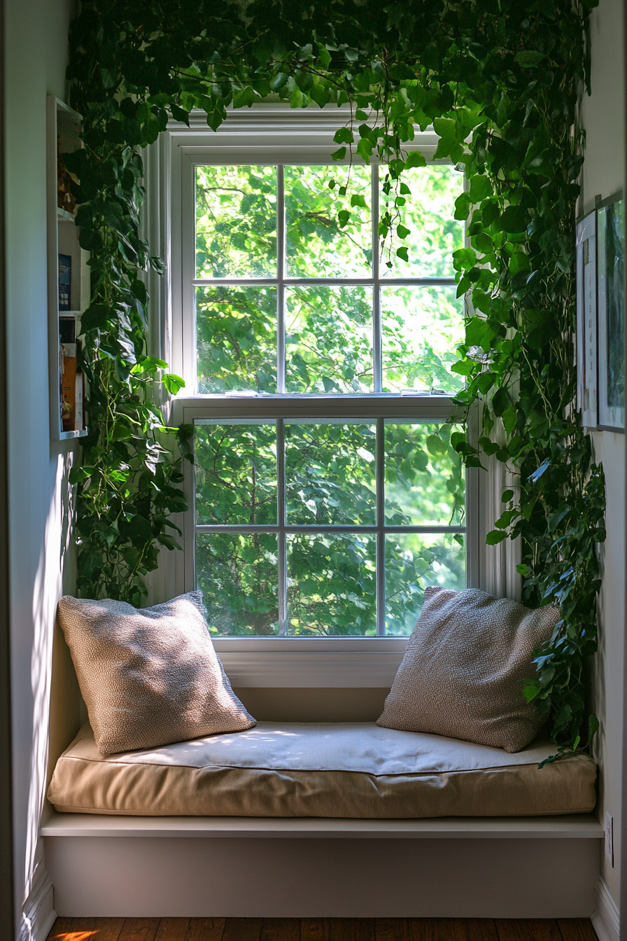 Wellness Escape Space. Softly lit reading zone with a cushioned window seat covered in ivy.