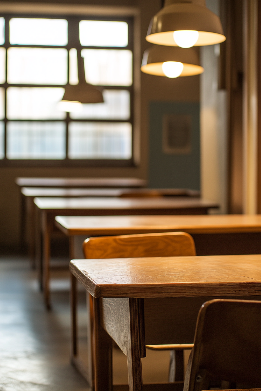 Learning space. Oak desks arranged near studio lighting setup.