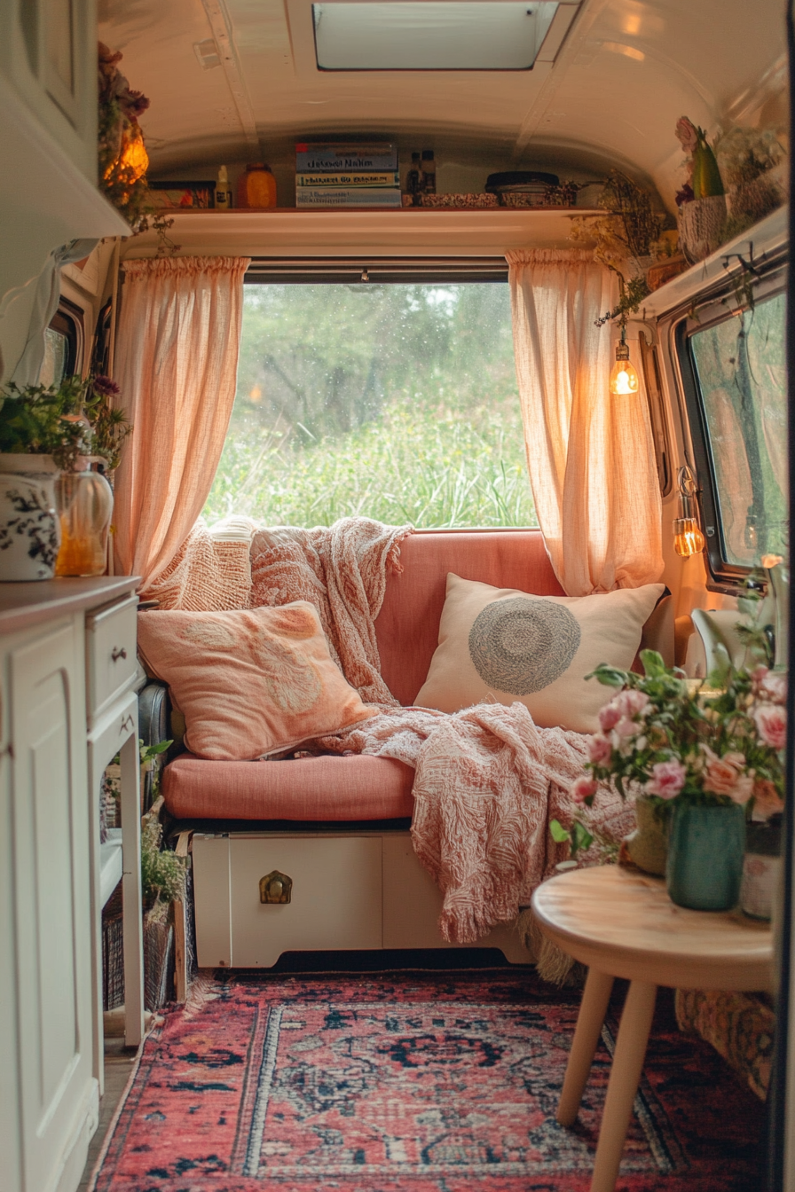 Therapy van. Jasmine scented candles, warm pastel walls, soundproof curtains, cozy brown recliner.