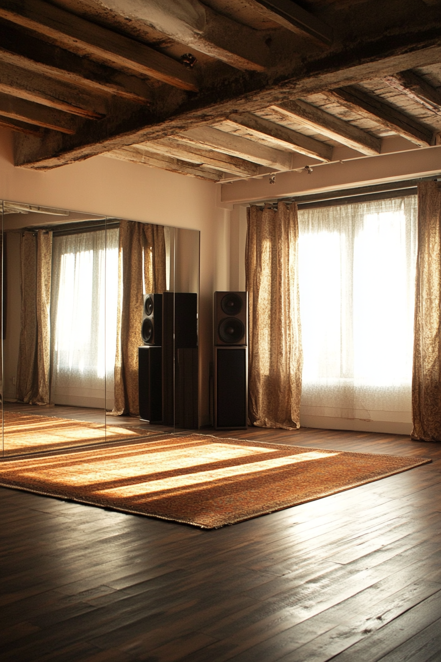 Movement Practice Space. Antique wooden sprung floor, surround sound speaker system, wall-size mirror.