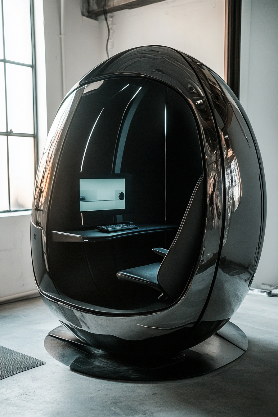 Alpine mobile space. Metallic capsule with a sleek matte drone dock and ultra-modern editing suite.