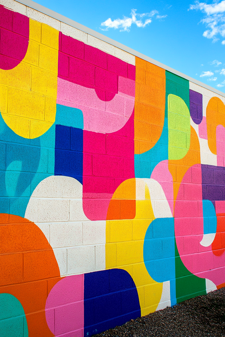 Community Learning Space. Outdoor mural on breeze block, multicolored kid-friendly abstract patterns.